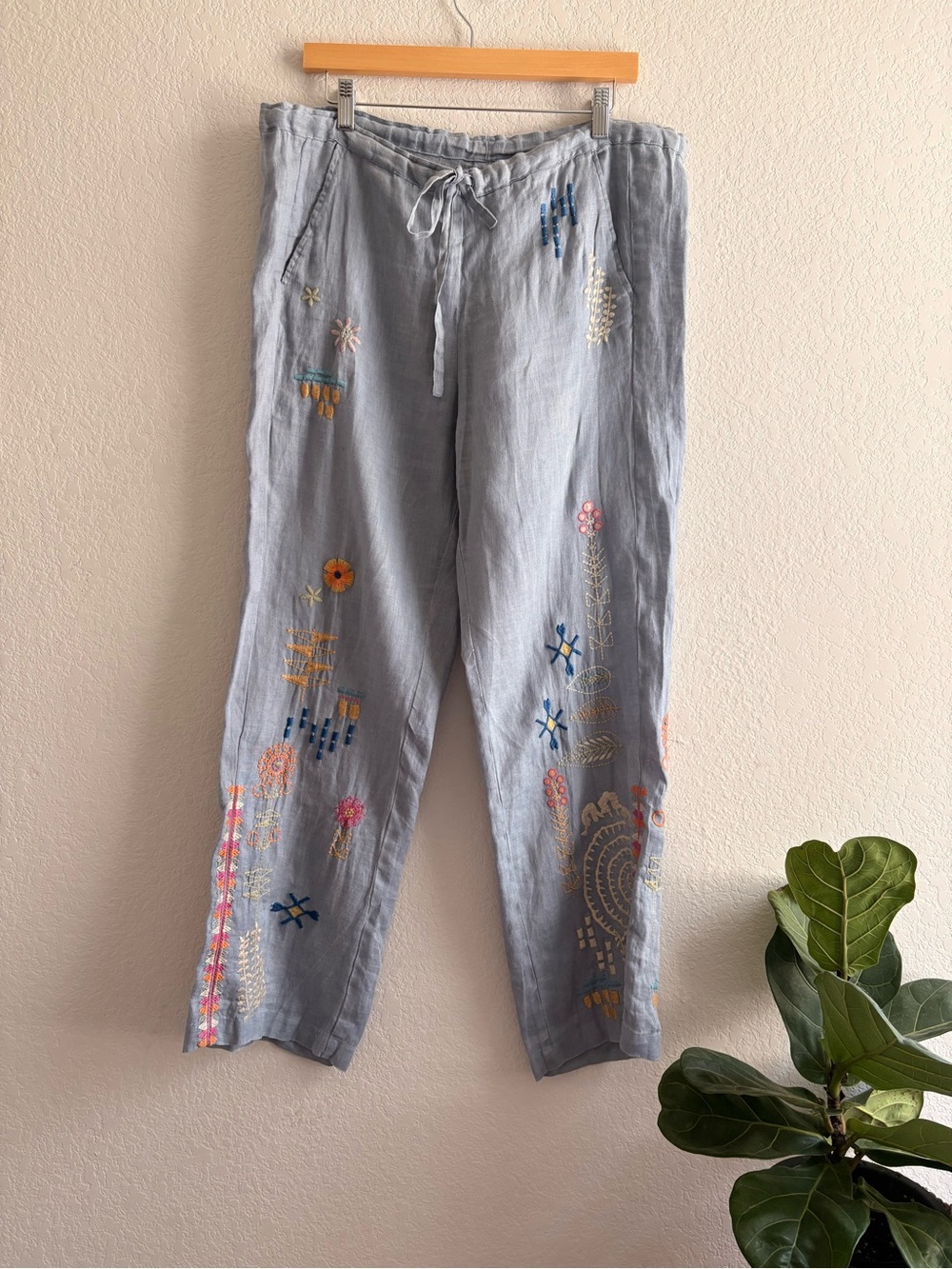 Johnny Was Embroidered Pants BIYA Elektra Small White Linen Drawstring B63422-2